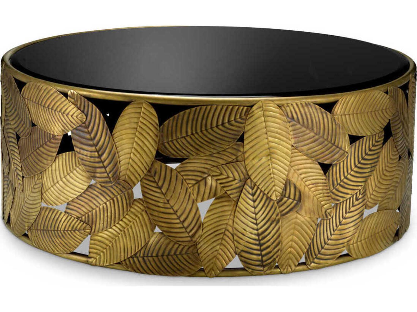 Botanico Round Coffee Table in Vintage Brass and Black Beveled Glass