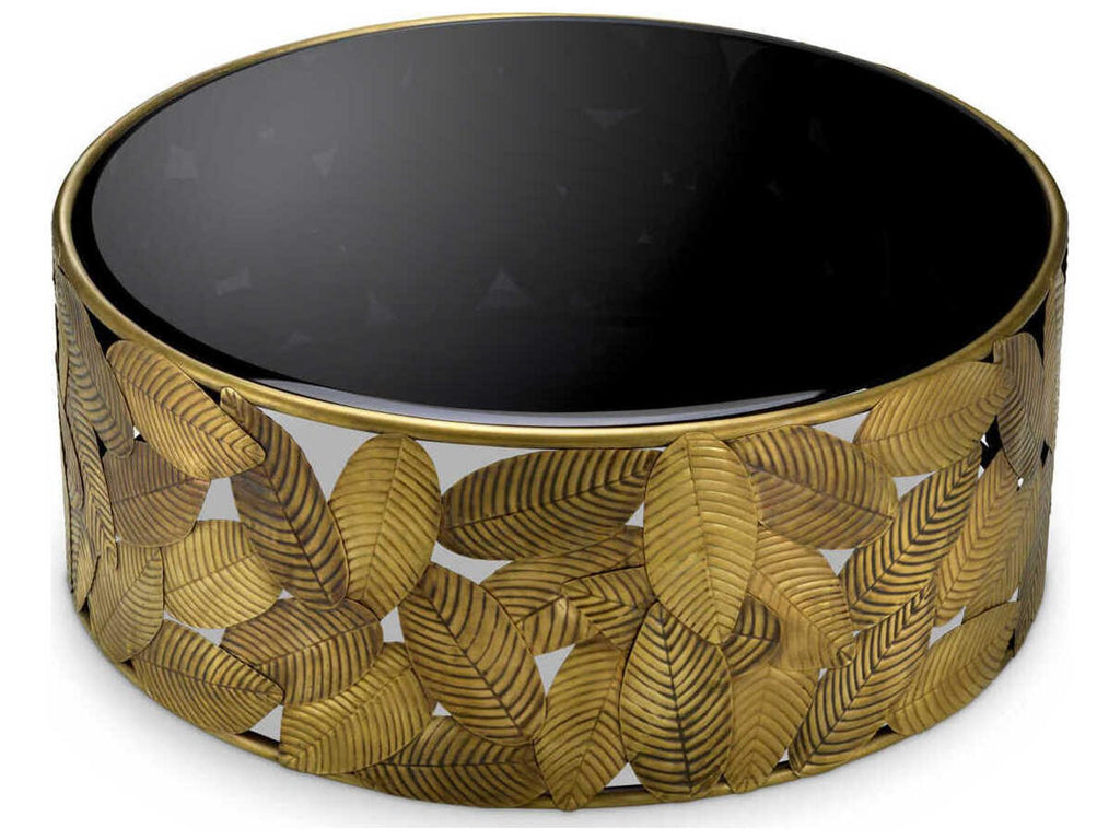 Botanico Round Coffee Table in Vintage Brass and Black Beveled Glass