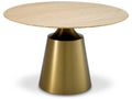 Nathan Round Dining Table with Brushed Brass Base and Travertine Top