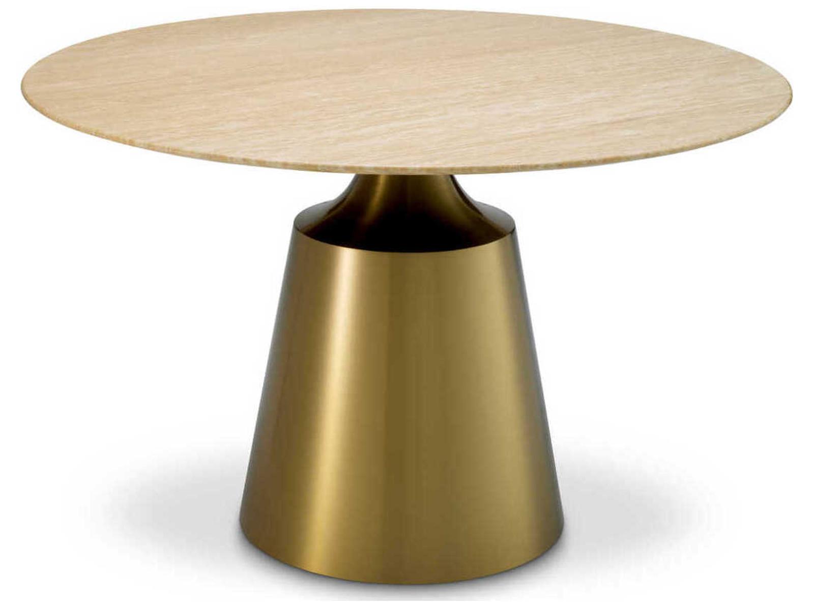Nathan Round Dining Table with Brushed Brass Base and Travertine Top
