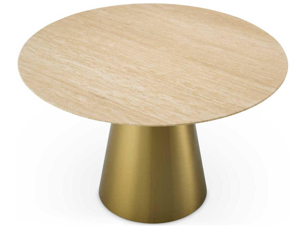 Nathan Round Dining Table with Brushed Brass Base and Travertine Top