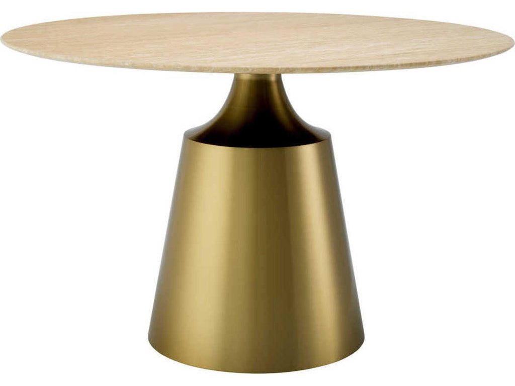 Nathan Round Dining Table with Brushed Brass Base and Travertine Top