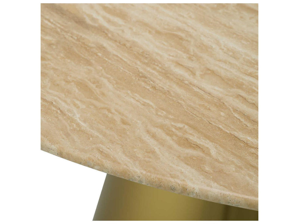 Nathan Round Dining Table with Brushed Brass Base and Travertine Top
