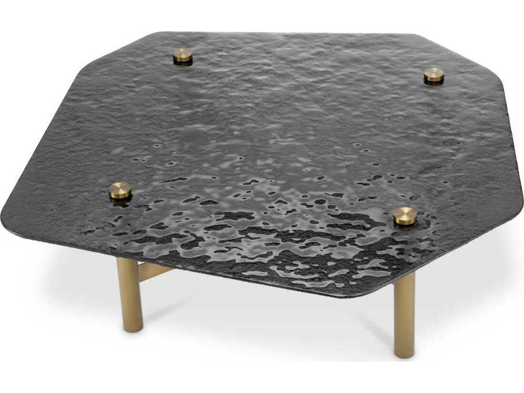 Cortes Square Coffee Table in Brushed Brass with Textured Smoke Glass