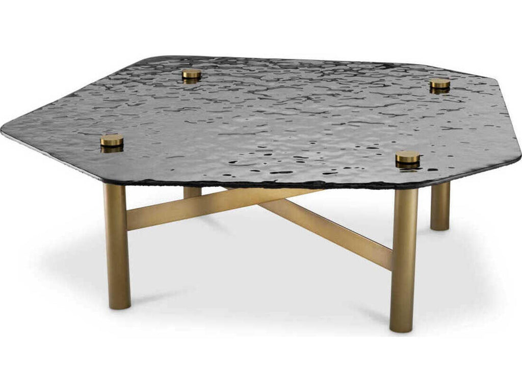 Cortes Square Coffee Table in Brushed Brass with Textured Smoke Glass