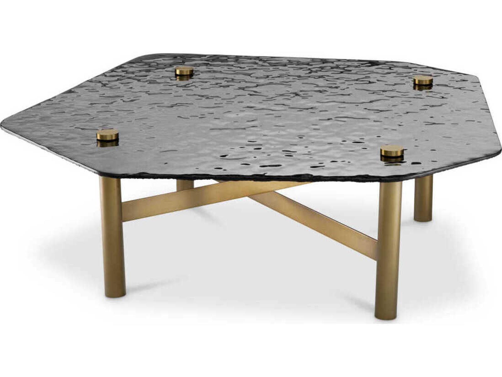 Cortes Square Coffee Table in Brushed Brass with Textured Smoke Glass