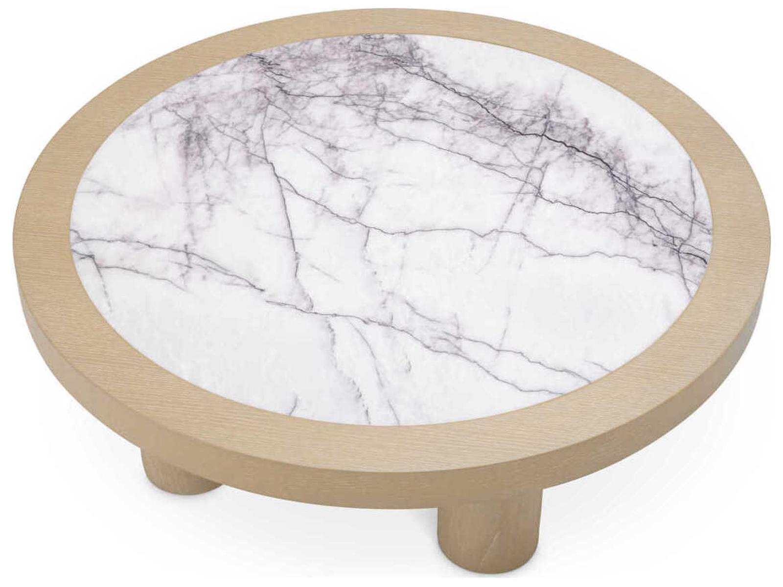 Presedio Round Coffee Table Washed Oak Veneer and Bianco Lilac Marble