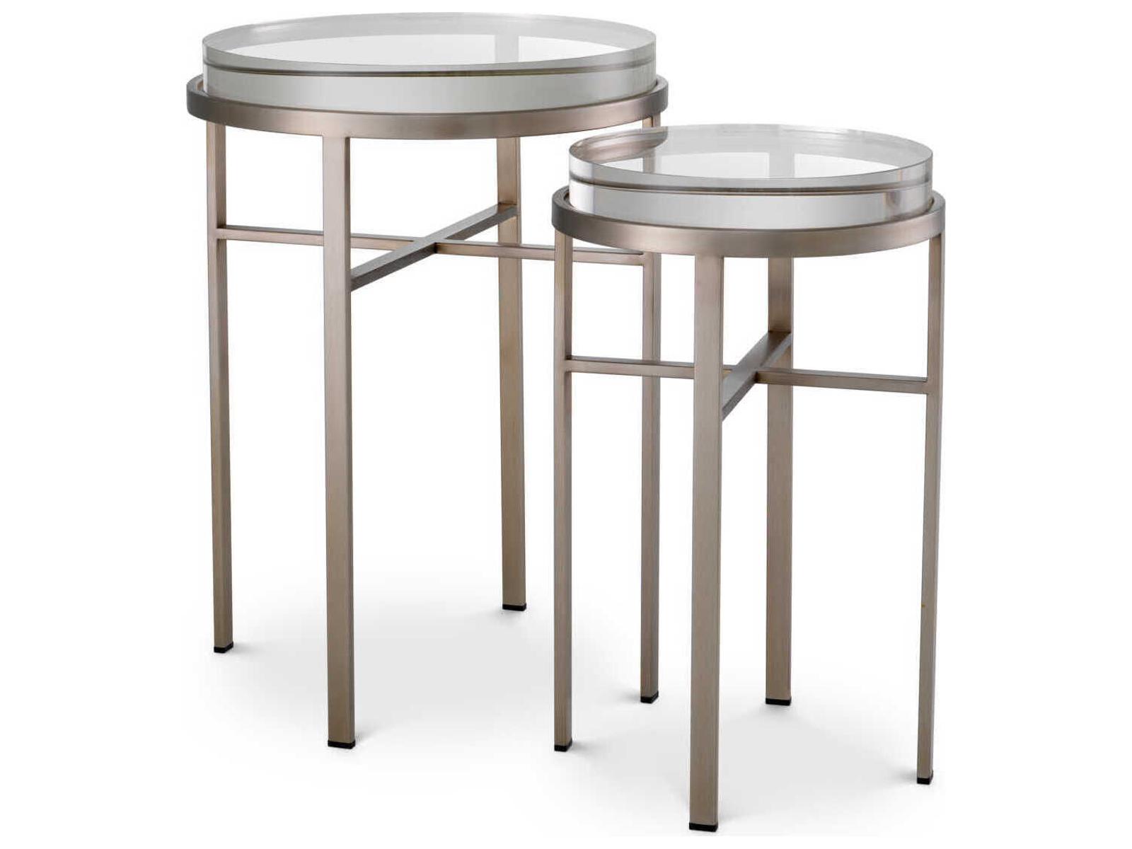 Hoxton Round Nesting Side Table Set in Brushed Steel with Clear Glass