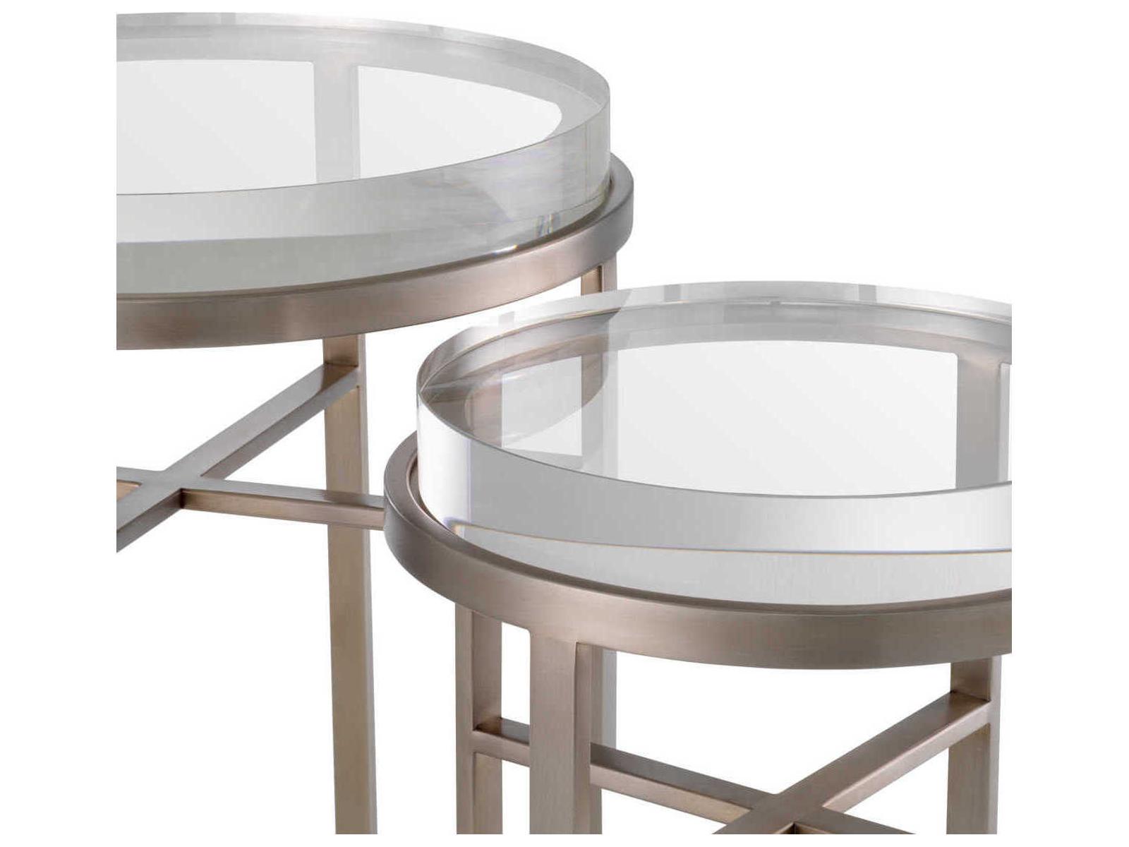 Hoxton Round Nesting Side Table Set in Brushed Steel with Clear Glass