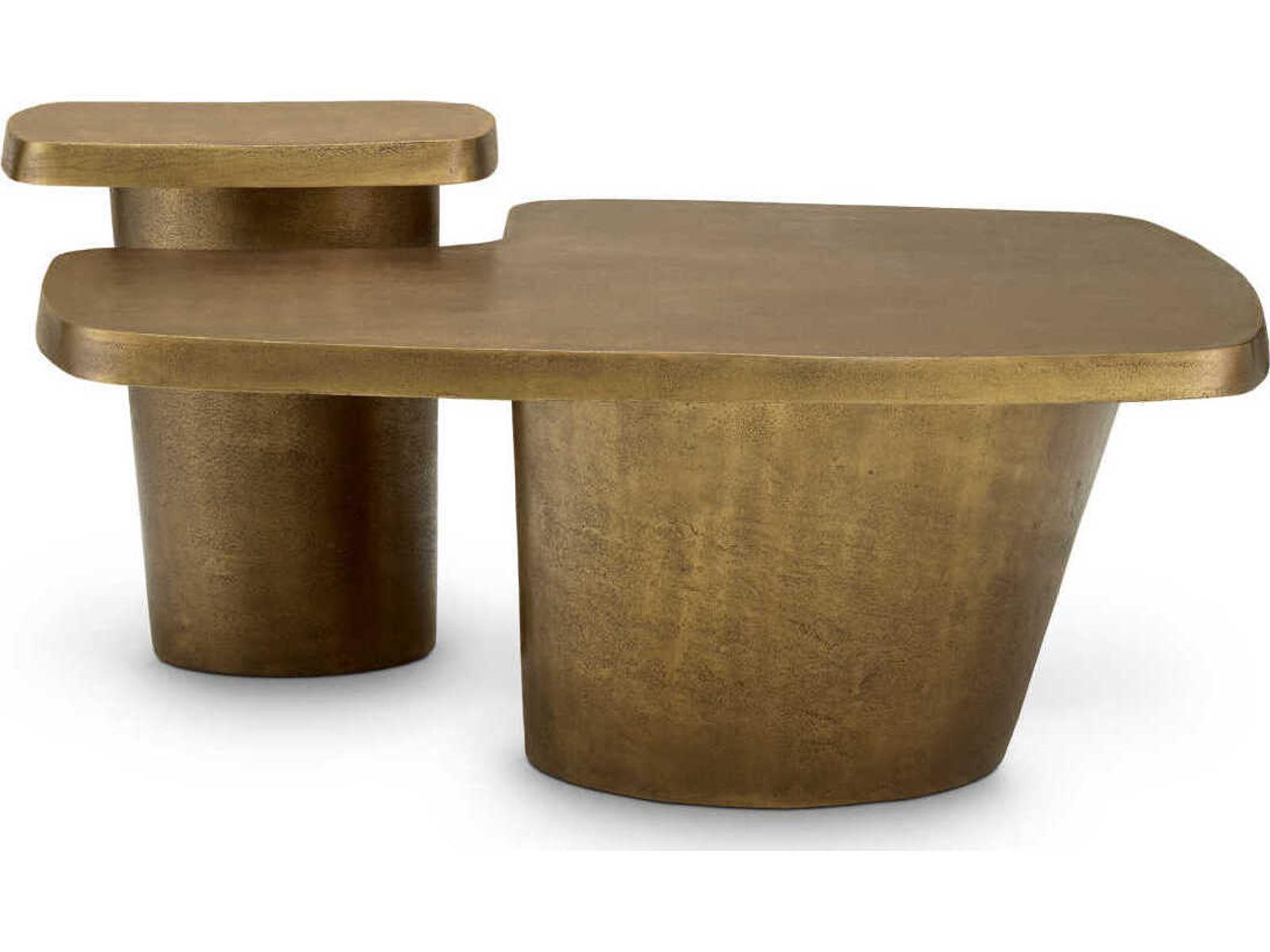 Pierro Set of 2 Round Coffee Tables in Vintage Brass Aluminum