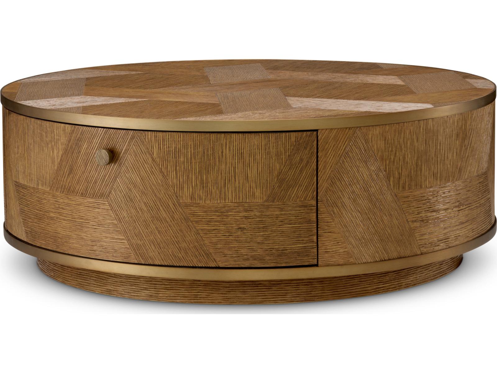 Velutto Round Coffee Table in Caramel Oak Veneer and Brushed Brass
