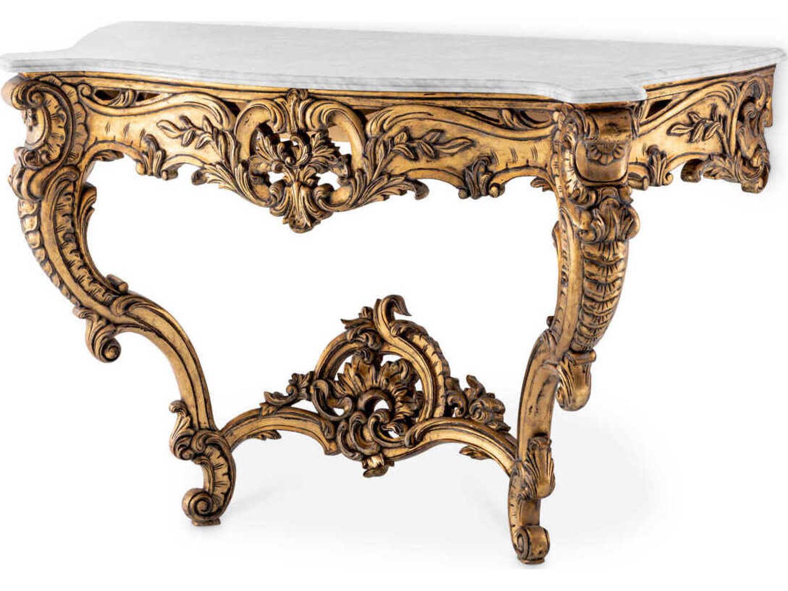 Rococo Rectangular Console Table with Antique Gold Finish and White Marble