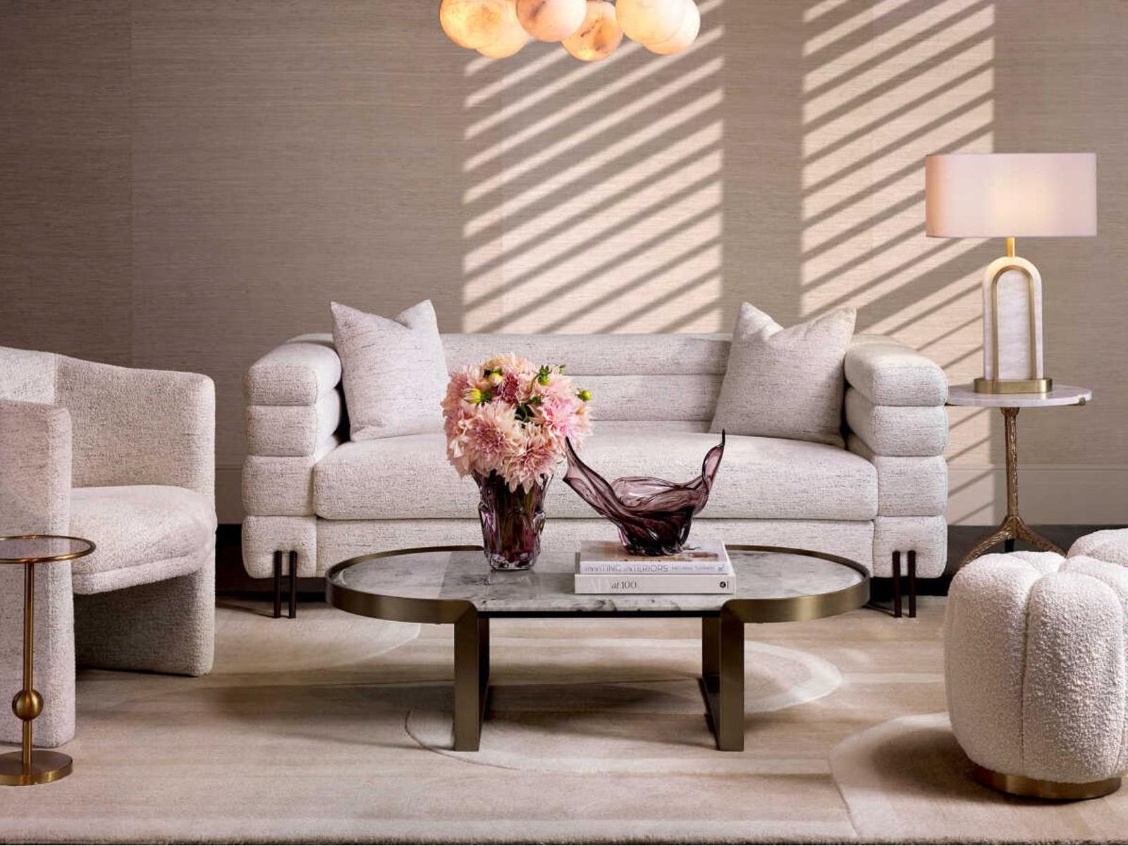 Fabio Oval Coffee Table in Brushed Brass with Barcelona Marble