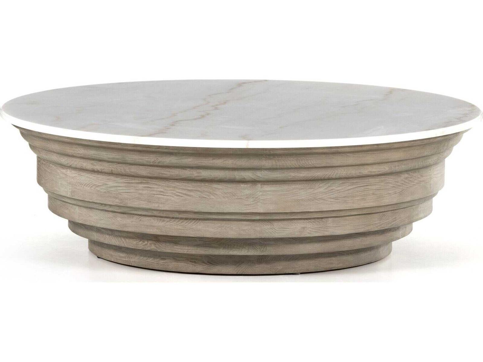 Hughes Caldwell Round Coffee Table in Weathered Blonde Pine and White Marble
