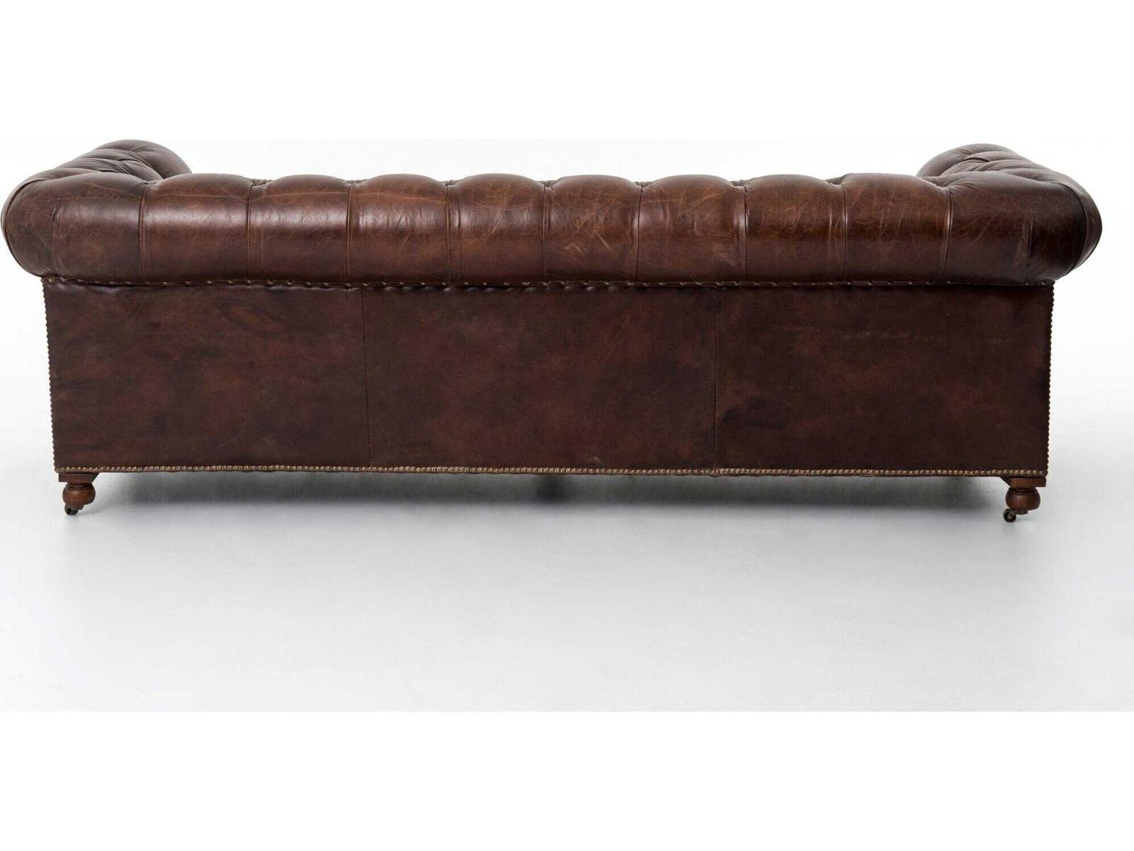 Carnegie 3-Seat Top-Grain Leather Chesterfield Sofa in Cigar Brown