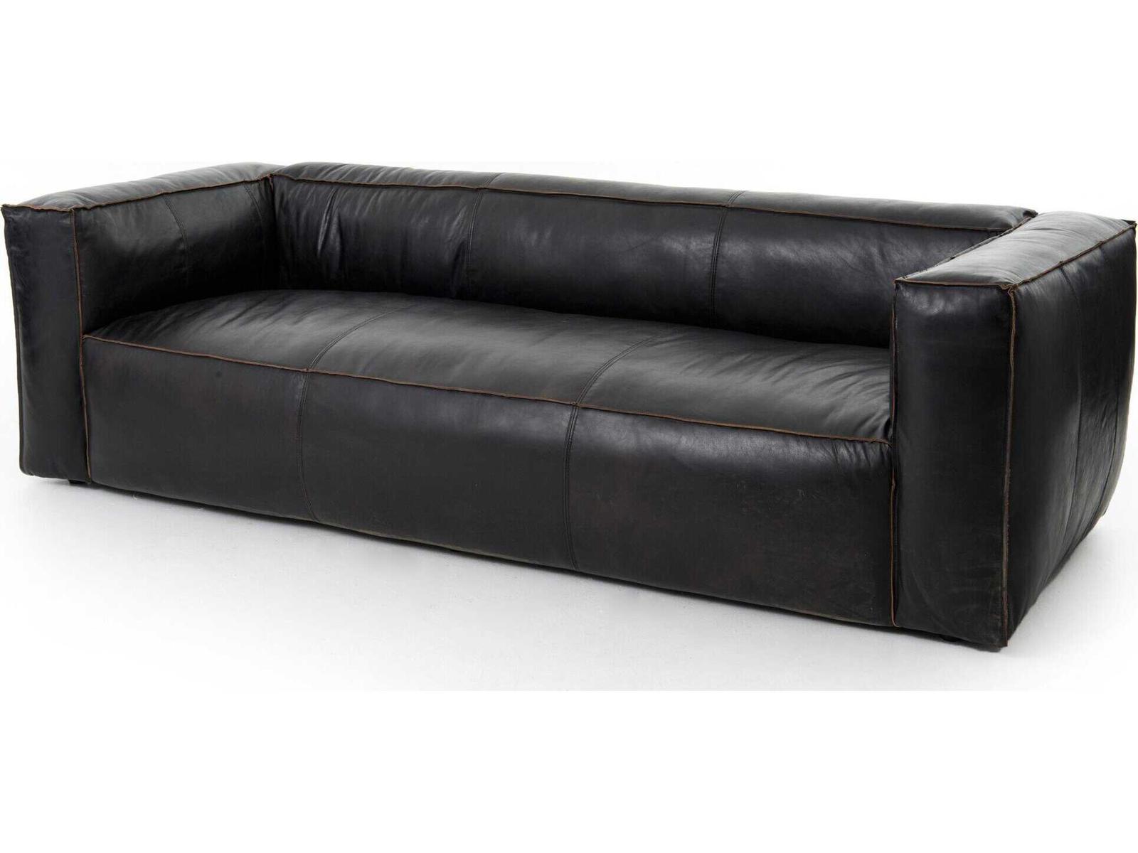 Nolita Reverse Stitch 99 Inch Top-Grain Leather Sofa in Rider Black