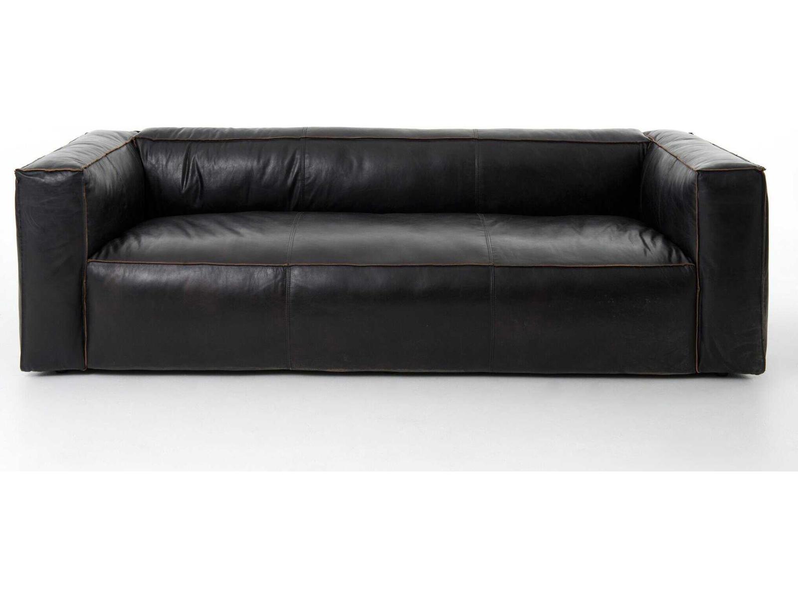 Nolita Reverse Stitch 99 Inch Top-Grain Leather Sofa in Rider Black