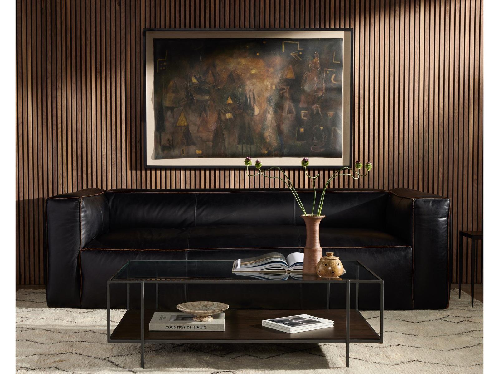 Nolita Reverse Stitch 99 Inch Top-Grain Leather Sofa in Rider Black
