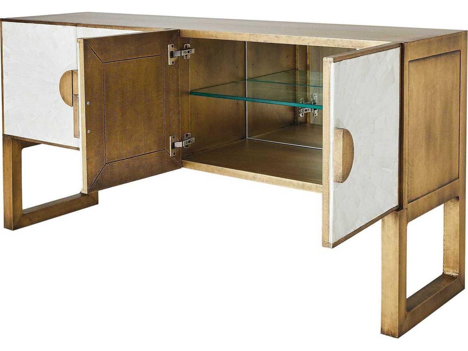 Gypsum Rectangular Console Table with Selenite and Antique Brass