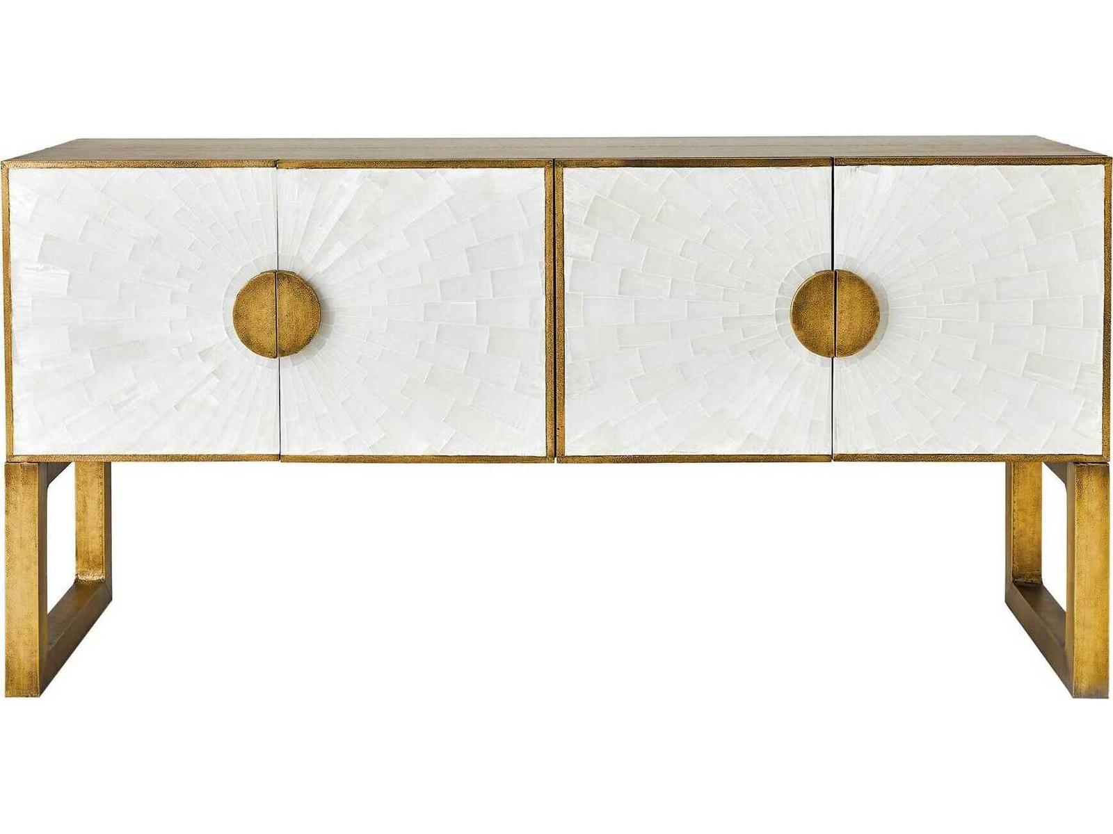 Gypsum Rectangular Console Table with Selenite and Antique Brass