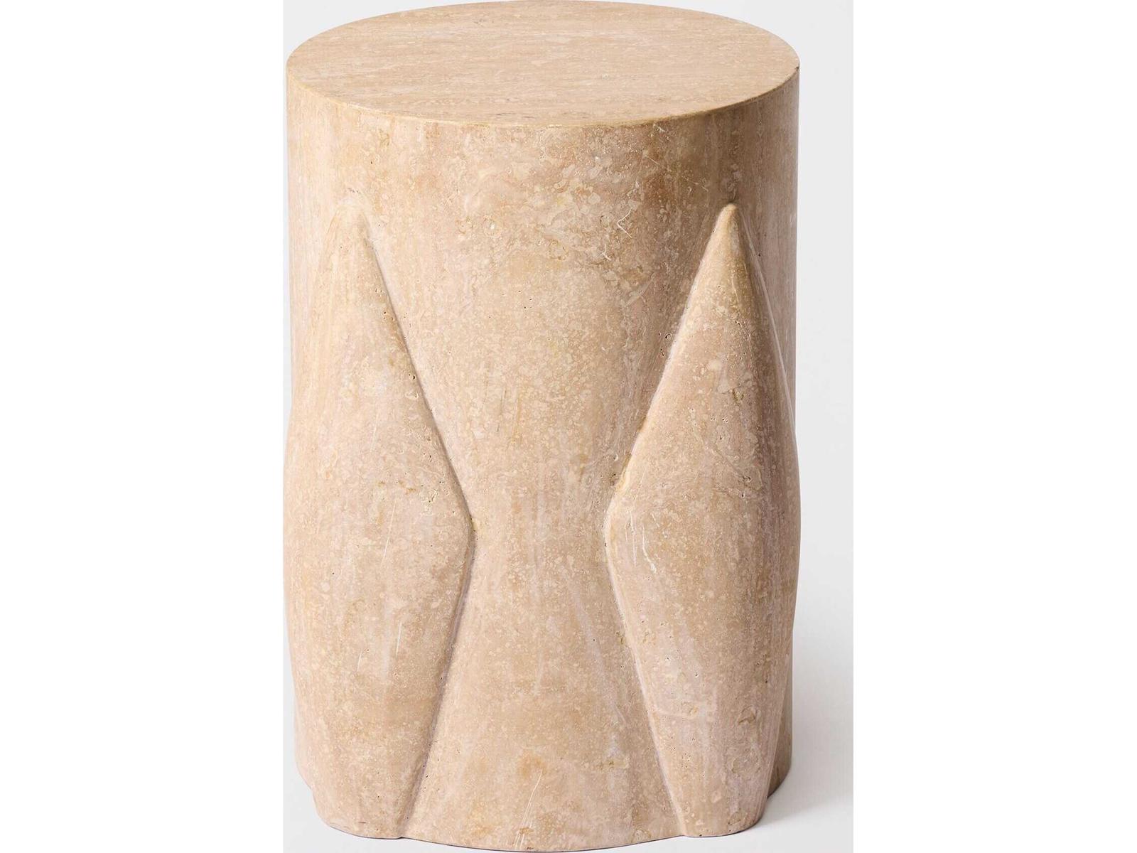 Tusk Round Honed Travertine End Table with Hand-Carved Ridges