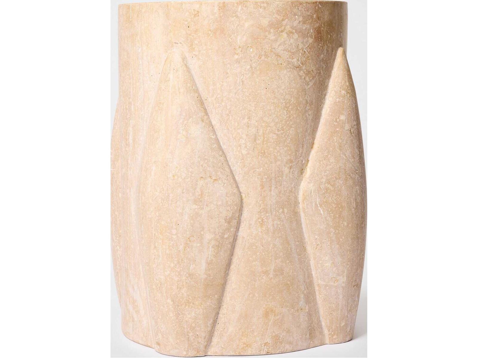 Tusk Round Honed Travertine End Table with Hand-Carved Ridges