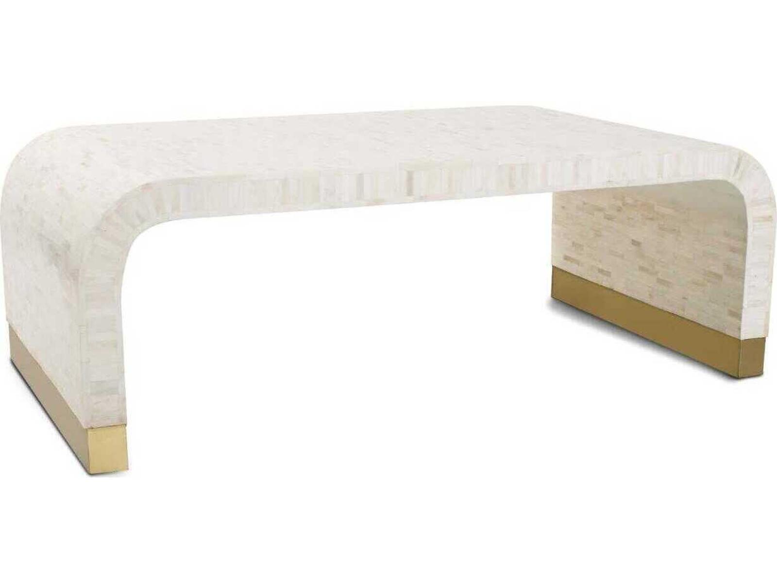 Michelina Rectangular Textured White Coffee Table with Brass Accents
