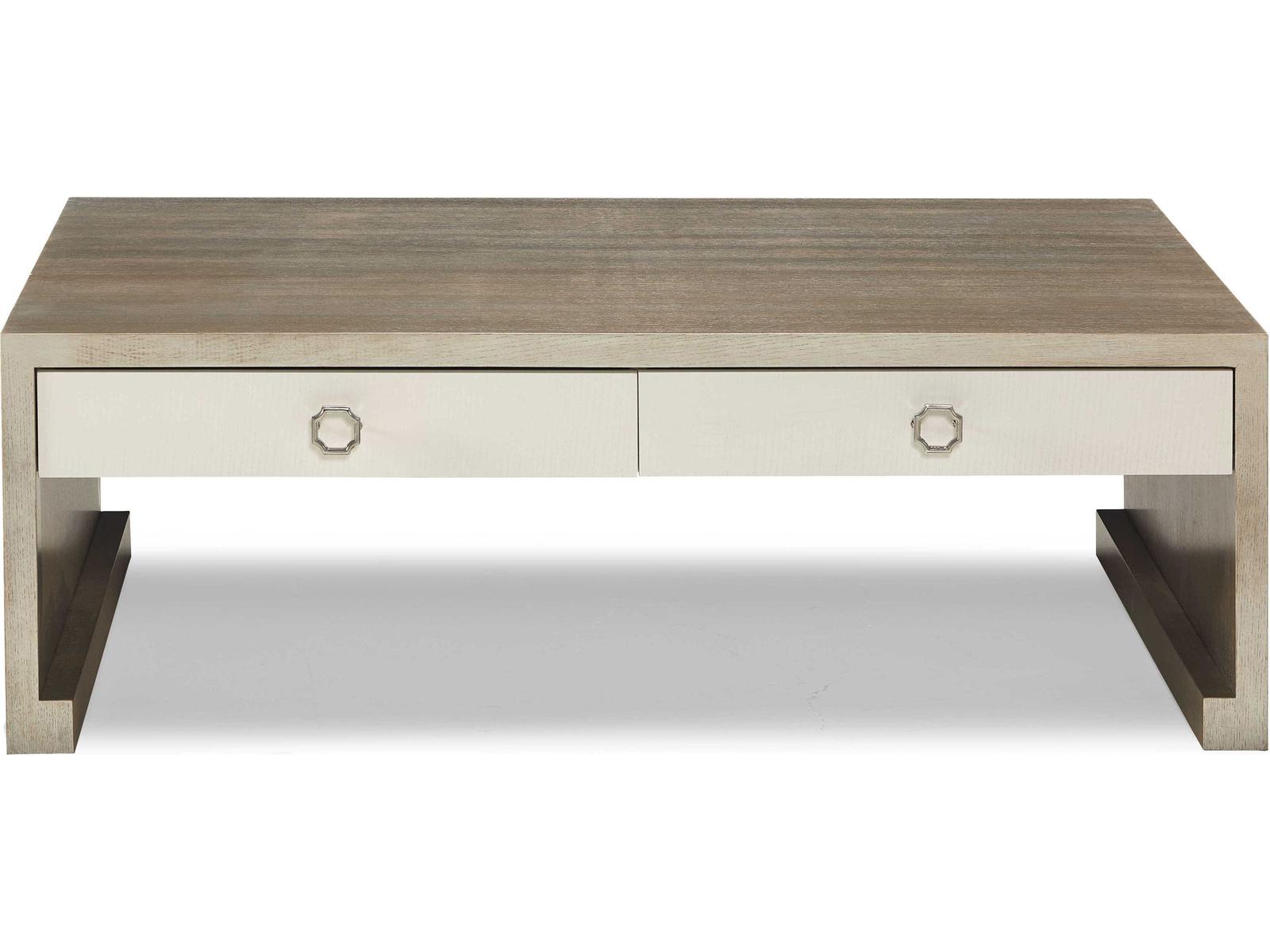 Trellis Rectangular Wood Coffee Table with Two Drawers in Silver Fox