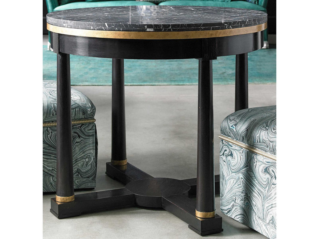 Journey The World Round Stone End Table with Black Tie Lacquer Finish