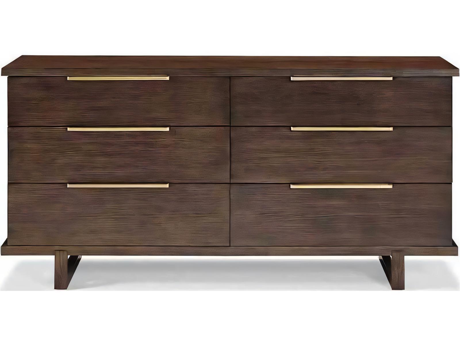 Modern Retreat 6-Drawer Brown Ash Wood Double Dresser with Brushed Brass Hardware