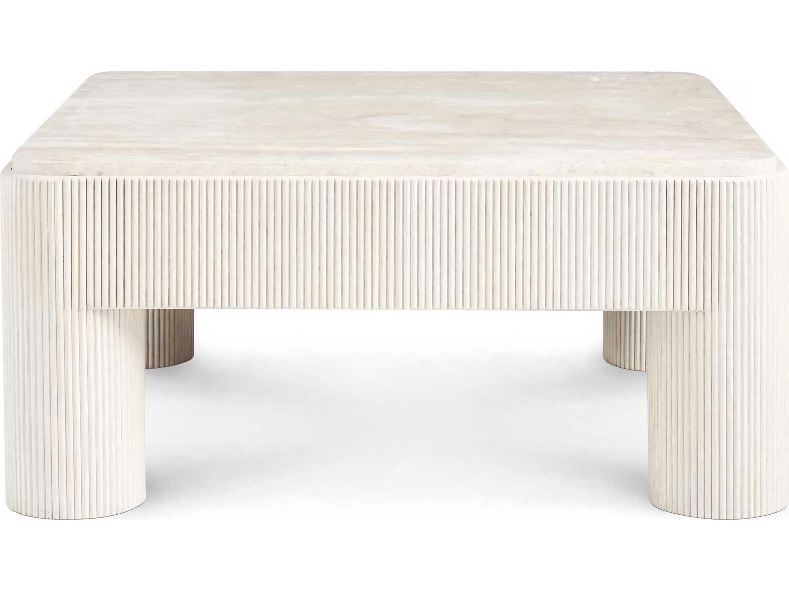 Revival 81 Square Coffee Table with Travertine Top in Gardenia White
