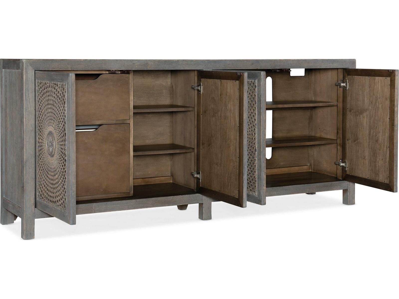Melange Emmett 84-Inch Oak Wood Media Console with Floral Medallion Doors
