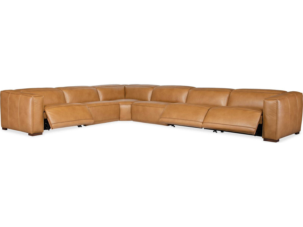 Fresco 6-Seat Power Reclining Leather Sectional in Zen Caramel Brown