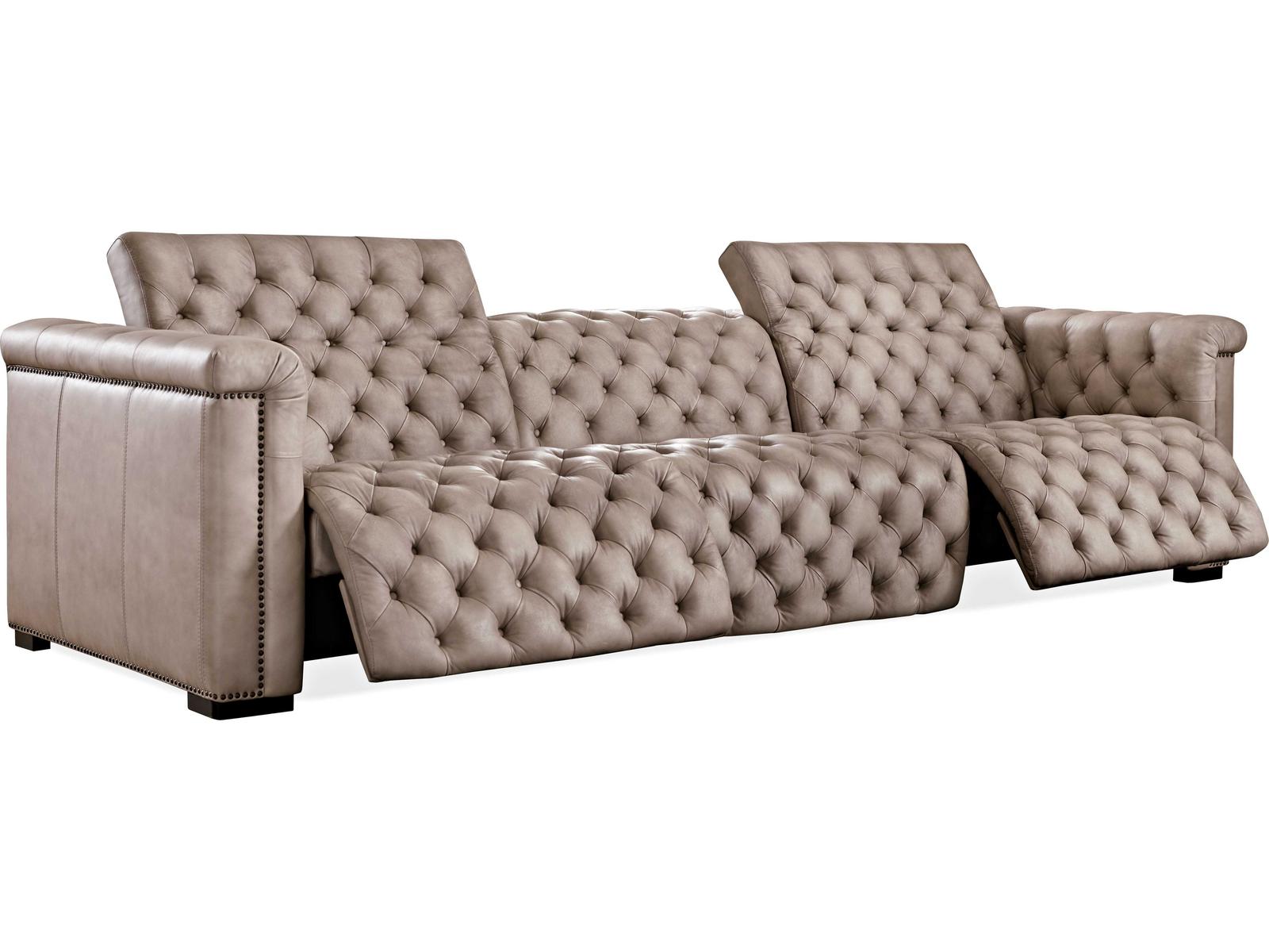 Heritage Grandier Power Recliner Tufted Giovanni Taupe Dark Wood Beige Leather Sofa with Headrest