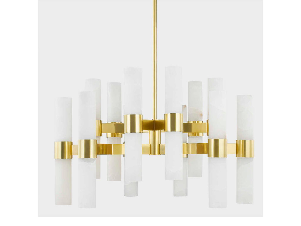 Hudson Valley Stowe 24-Light Chandelier with Alabaster Shades in Aged Brass