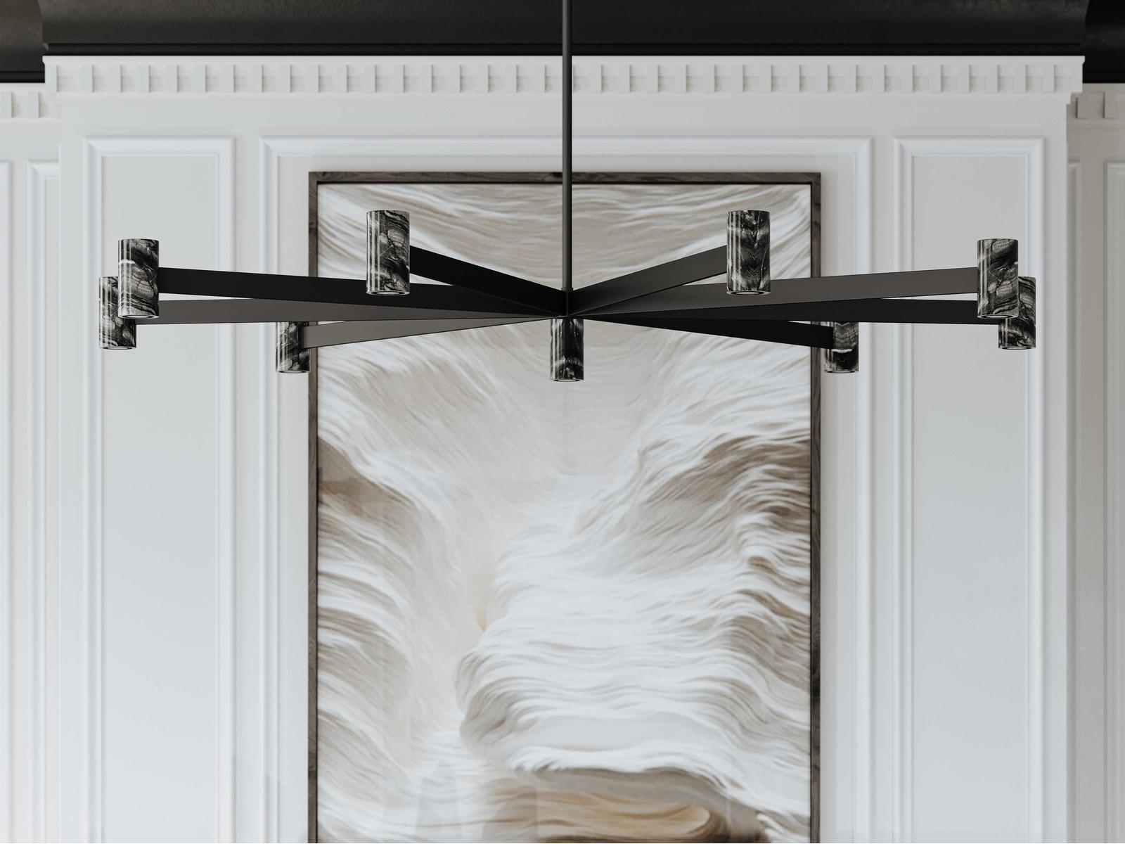 Hudson Valley Predock 9-Light Black Brass LED Chandelier with Marble Shades