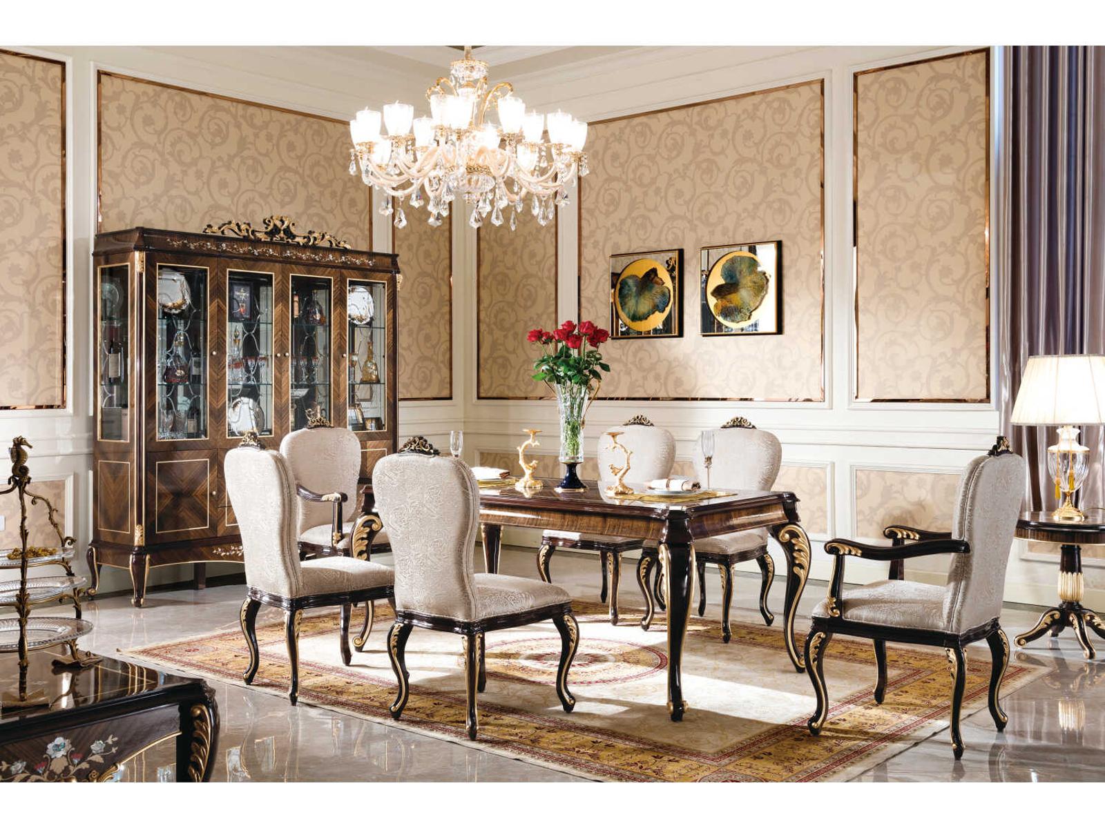 E-70 Rectangular Wood Dining Table in Walnut with Gold Accents
