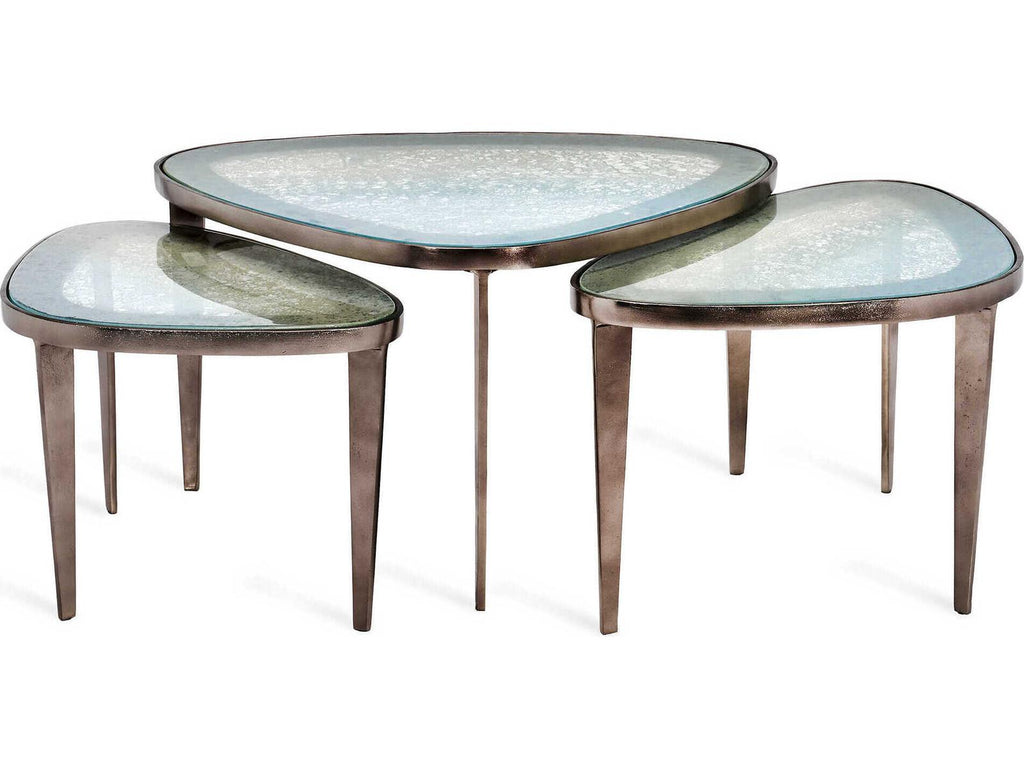 Jan Bunching Antique Nickel Blue Grey Reactive Glass Coffee Tables