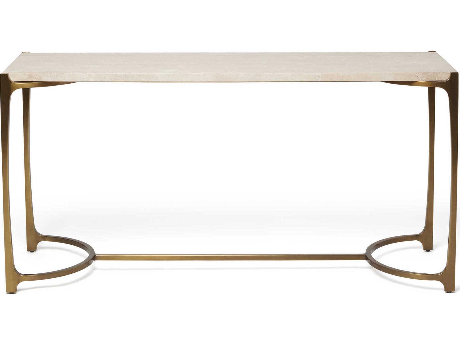 Beaumont Rectangular Stone Raw Travertine Golden Bronze Console Table