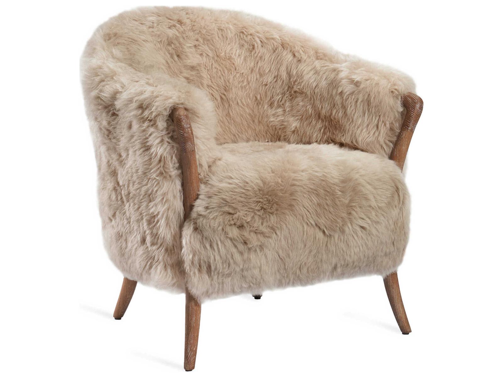 Ilaria Fur Beige Accent Chair with Autumn Brown Wood Frame