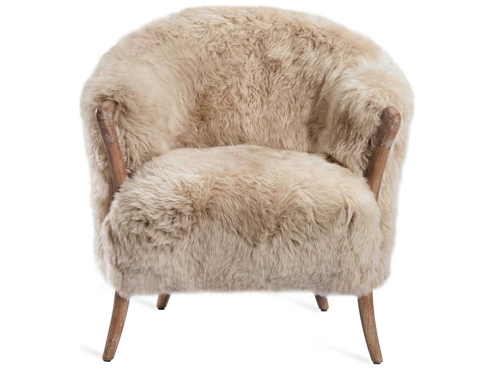 Ilaria Fur Beige Accent Chair with Autumn Brown Wood Frame