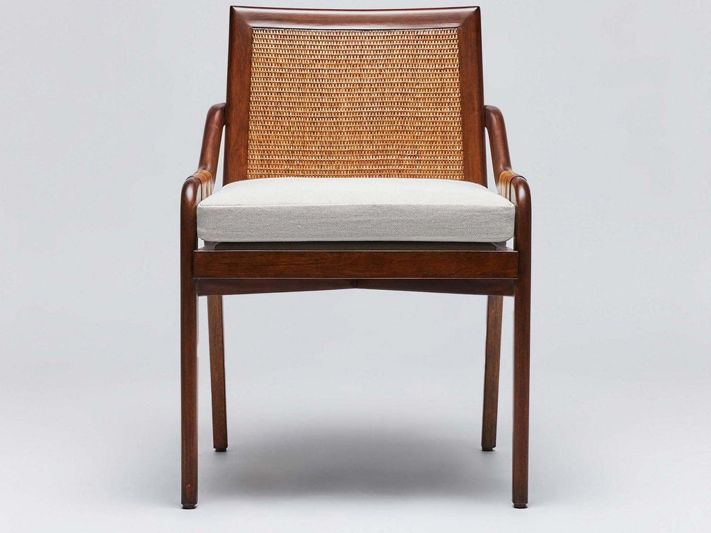 Delray Arm Dining Chair in Chestnut Mahogany and Brown Flax Weave