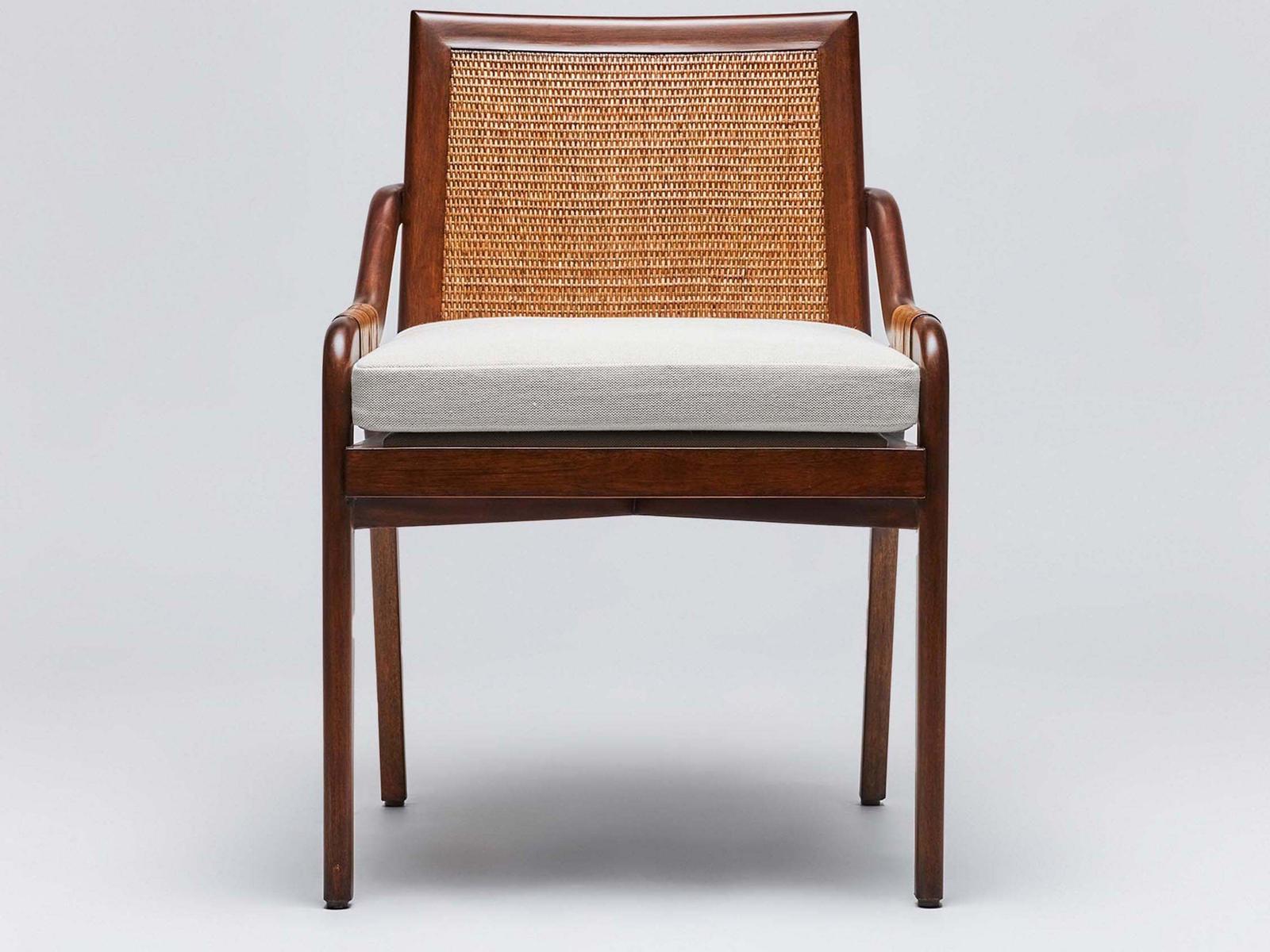 Delray Arm Dining Chair in Chestnut Mahogany and Brown Flax Weave
