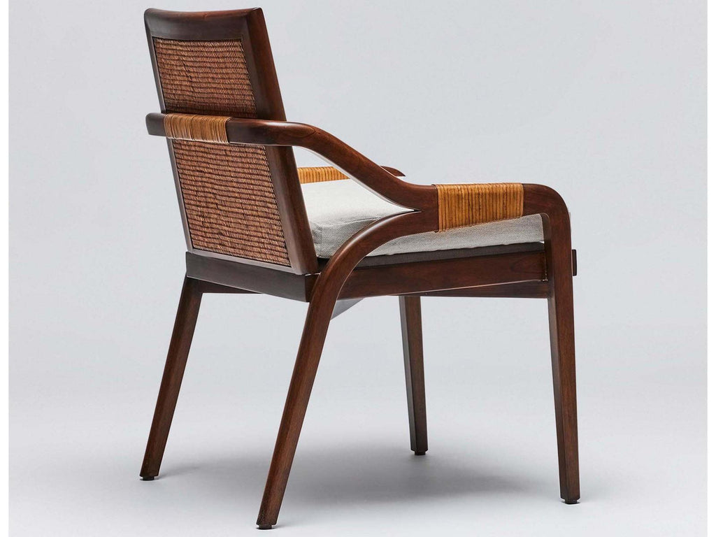 Delray Arm Dining Chair in Chestnut Mahogany and Brown Flax Weave