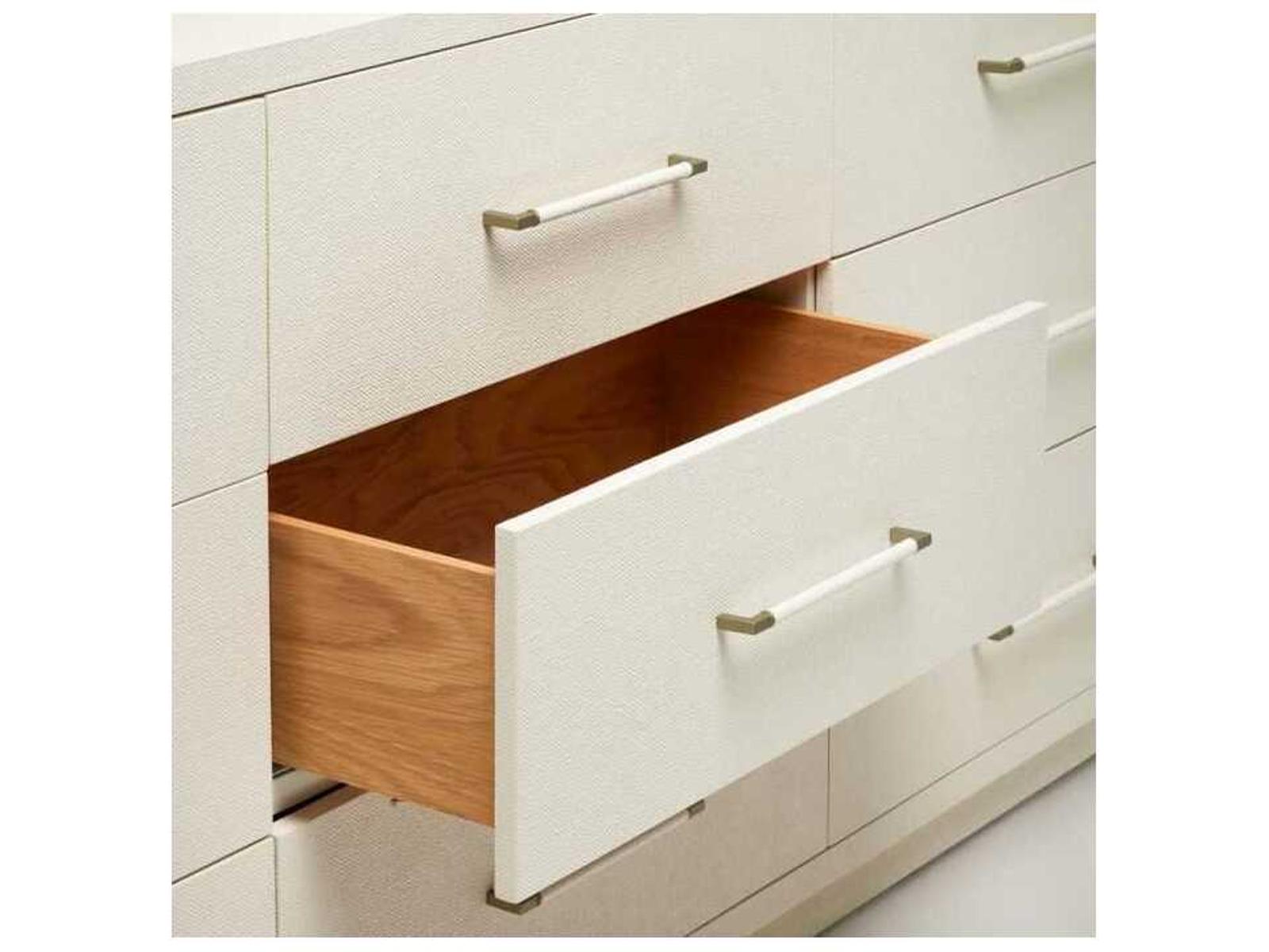 Taylor Modern 9-Drawer Dresser in Natural White Faux Linen and Champagne Silver