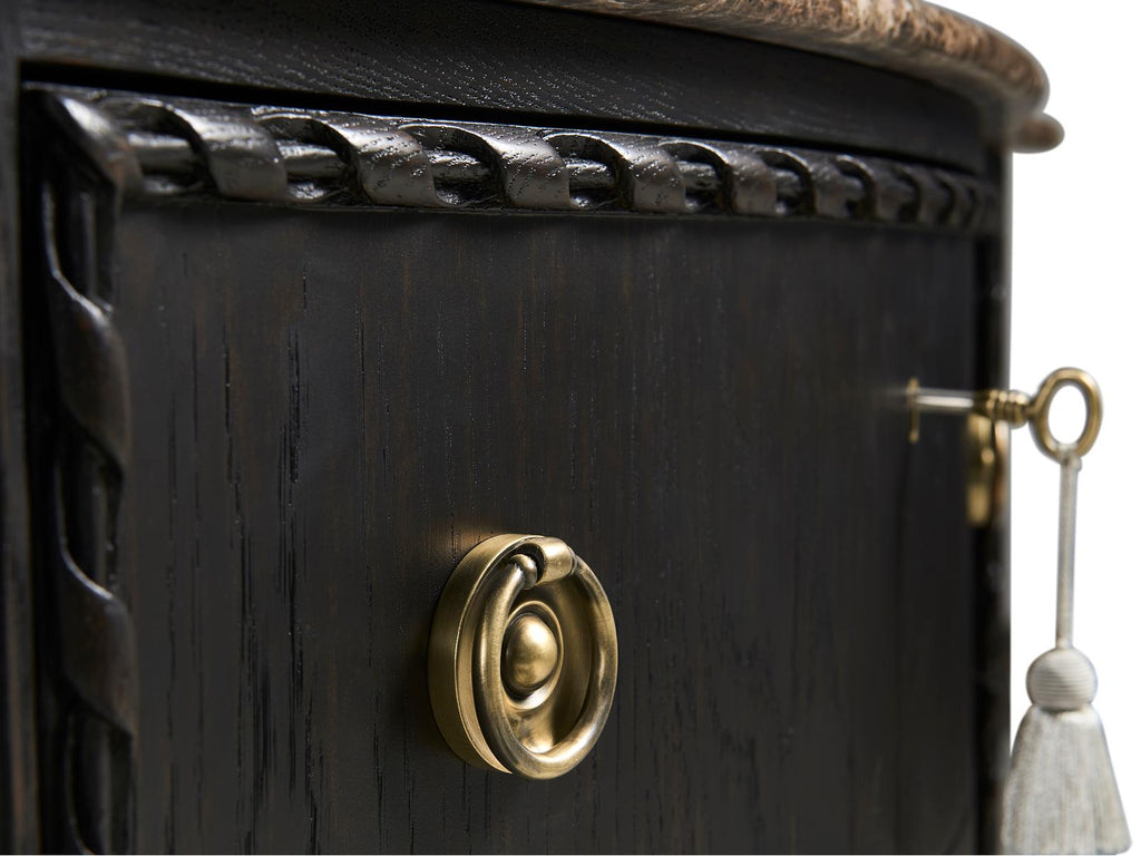 Tangiers Ebonized Oak Accent Chest with Stone Top and Carved Details