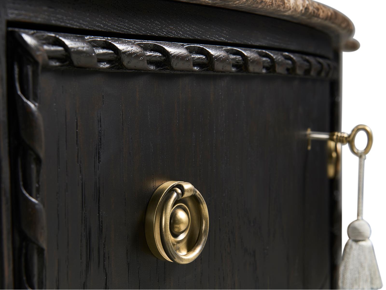 Tangiers Ebonized Oak Accent Chest with Stone Top and Carved Details