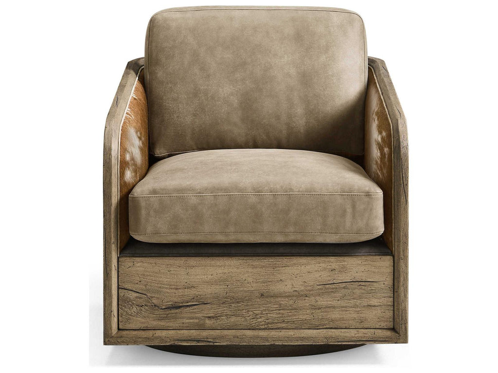 Stone Ridge Swivel Accent Chair in Brown Leather and Tully Light Acacia