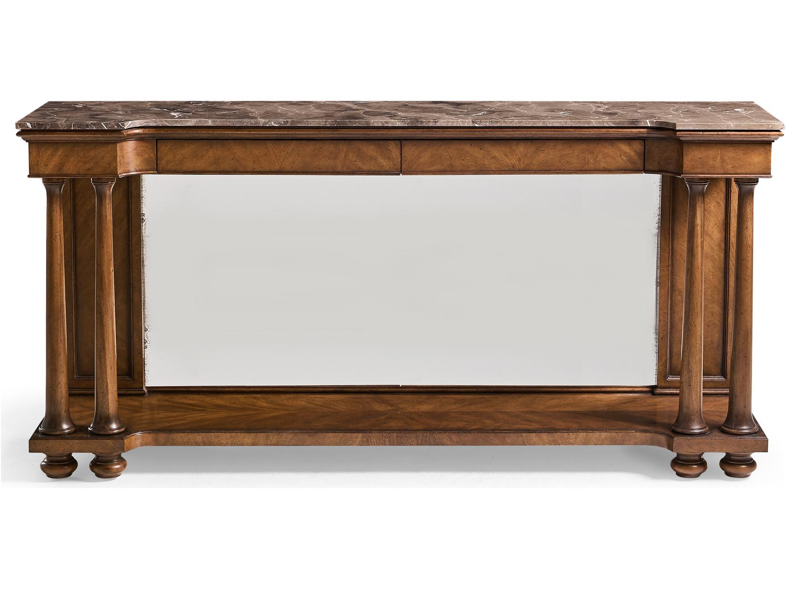 Jc Traditional Rectangular Marble Crotch Walnut Console Table
