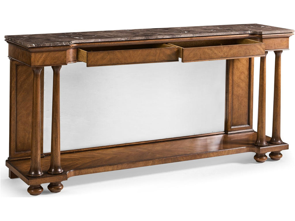 Jc Traditional Rectangular Marble Crotch Walnut Console Table